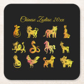 Gouden Gradiënt Chinees Dier Zwart Kartonnen Onderzetters (Voorkant)