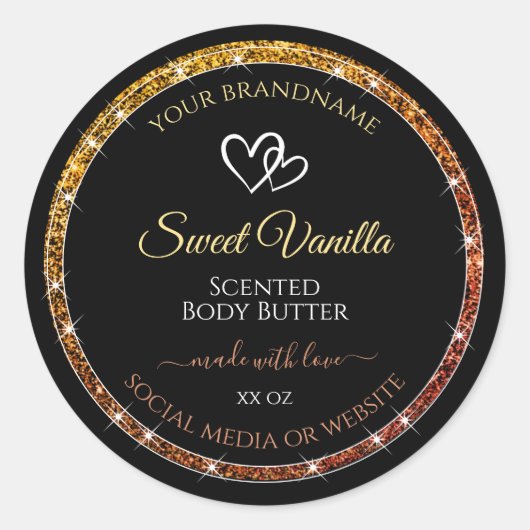 Gouden Gradiënt Glitter Lijst Zwart Productlabels Ronde Sticker (Voorkant)