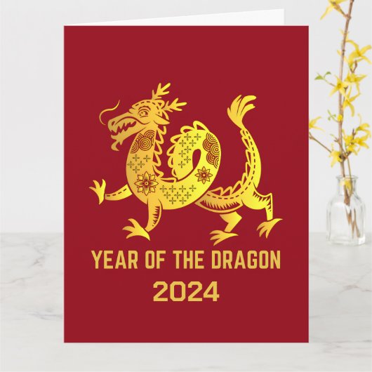 Gouden Gradiënt Jaar Van De Draak 2024 Rood Nieuwj Kaart (Gele Bloem)