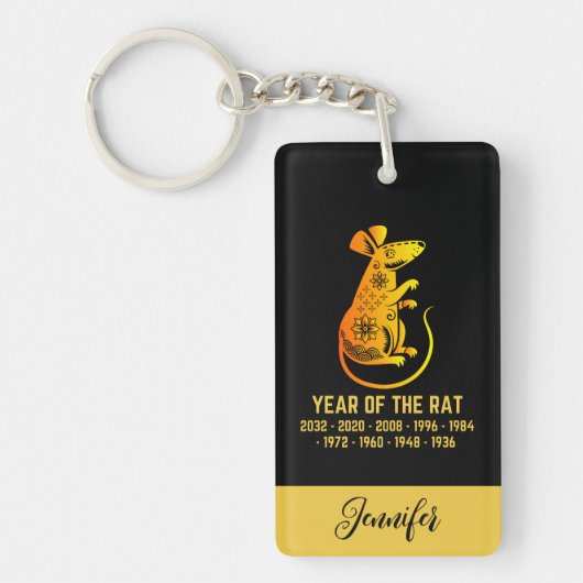 Gouden Gradiënt Jaar van de rat Zodiac Naam Zwart Sleutelhanger (Voorkant)