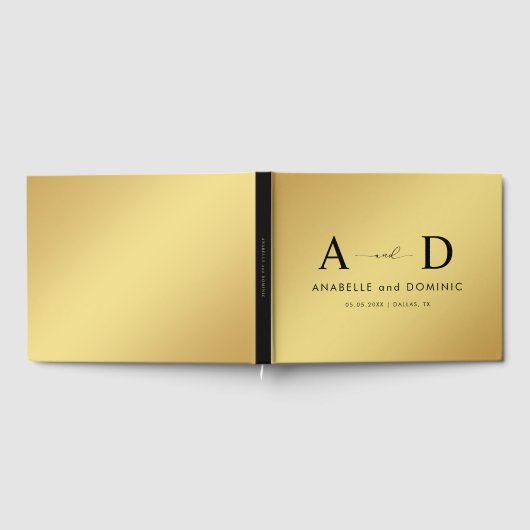 Gouden Gradiënt & Monogram Elegante Zwarte Bruilof Gastenboek (Volledig)
