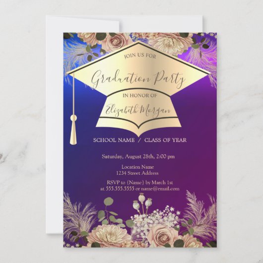 Gouden Graduation Cap, Bloemen Afstuderen Kaart (Voorkant)