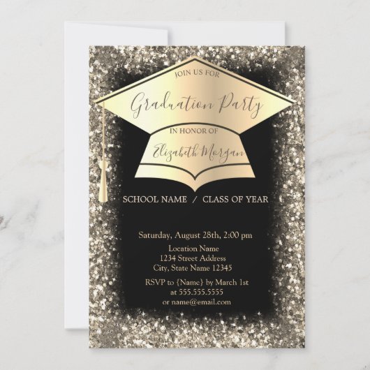 Gouden Graduation Cap Glitter Lijst Zwart Afstuder Kaart (Voorkant)