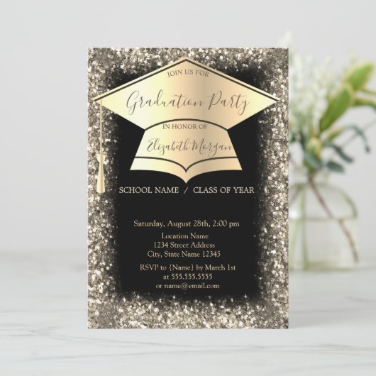 Gouden Graduation Cap Glitter Lijst Zwart Afstuder Kaart (Staand voorkant)