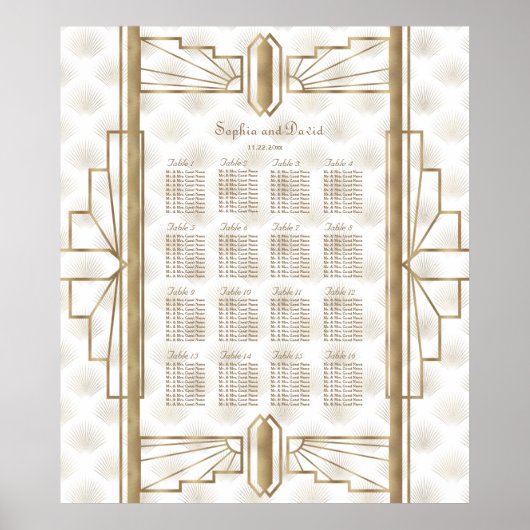 Gouden Great Gatsby Art Deco Trouw Stoelenkaart Poster (Voorkant)