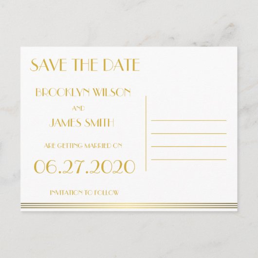 Gouden Great Gatsby Save The Date-ansichtkaarten Aankondigingskaart (Achterkant)