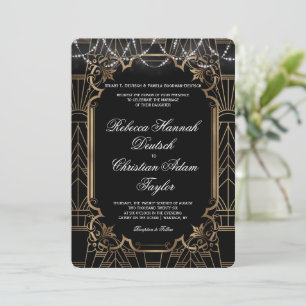 Gouden Great Gatsby Zwarte Art Deco 1920 Huwelijk Kaart