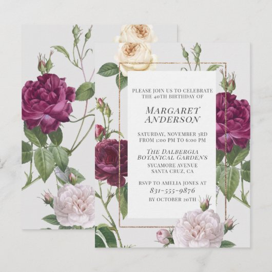 Gouden grens geschilderde Rozen verjaardagsfeest Uitnodiging Briefkaart (Voorkant / Achterkant)