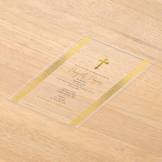 Gouden Griekse sleutel Orthodoxe doop doop Acryl Uitnodigingen (Laagn)