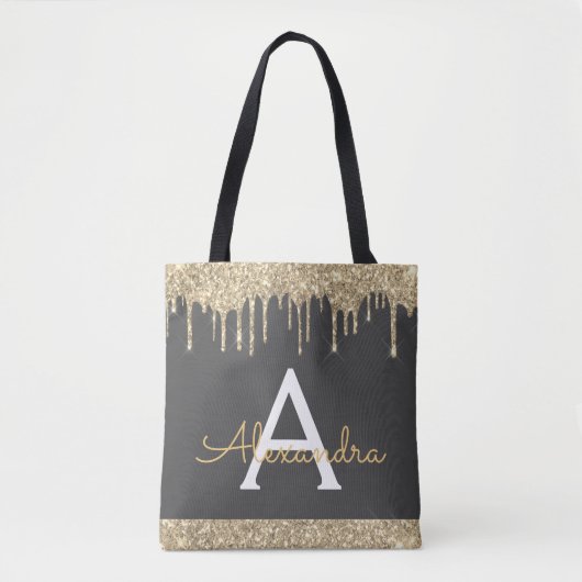 Gouden Grijs Glitter Glans Elegante Monogram Tote Bag (Voorkant)