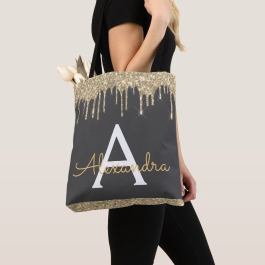 Gouden Grijs Glitter Glans Elegante Monogram Tote Bag (Dichtbij)