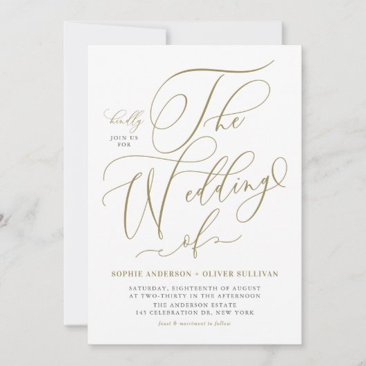 Gouden grillige kalligrafie bruiloft kaart (Voorkant)