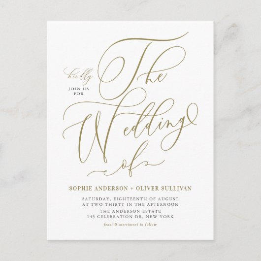 Gouden grillige kalligrafie bruiloft uitnodiging briefkaart (Voorkant)
