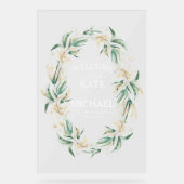 Gouden groen bladeren krans bruiloft welkom acryl bord (Voorkant)