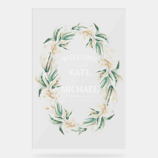 Gouden groen bladeren krans bruiloft welkom acryl bord (Voorkant)
