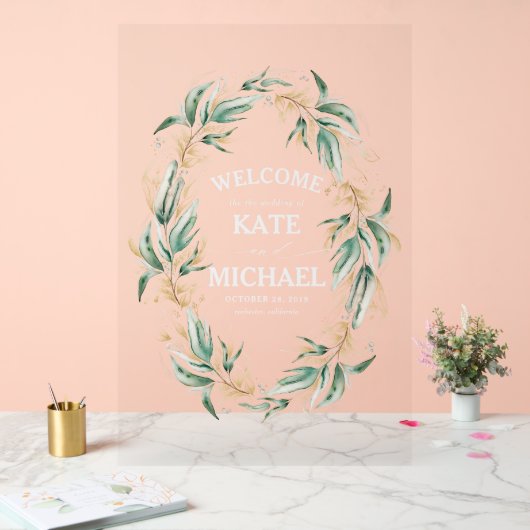 Gouden groen bladeren krans bruiloft welkom acryl bord (Huwelijk)