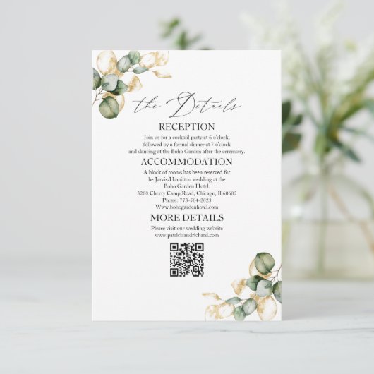 Gouden groen bruiloft details behuizing Kaarten (Staand voorkant)