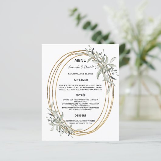 Gouden groen bruiloft menukaart (Staand voorkant)