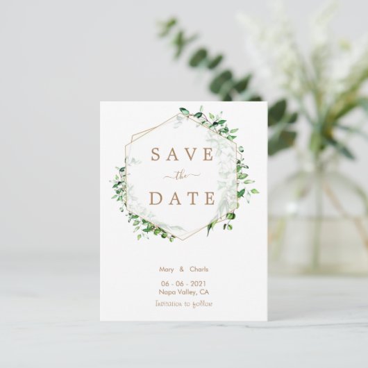 Gouden groen bruiloft Save the Date briefkaart (Staand voorkant)