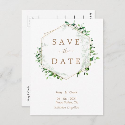 Gouden groen bruiloft Save the Date briefkaart (Voorkant / Achterkant)