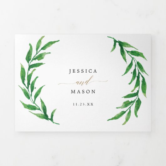 Gouden groen Bruiloft Tri-Fold Uitnodigingen (Cover)