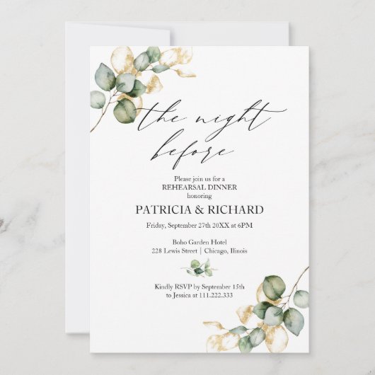 Gouden groen de avond voor repetitie diner kaart (Voorkant)