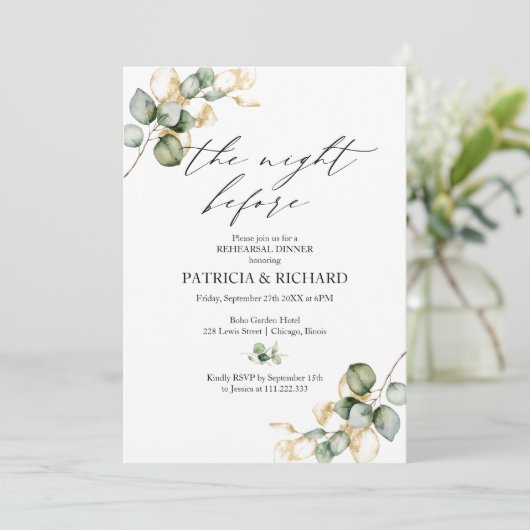 Gouden groen de avond voor repetitie diner kaart (Staand voorkant)