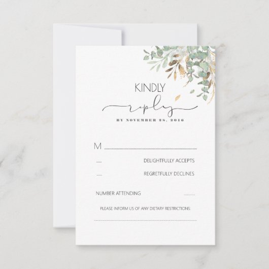 Gouden groen en Eucalyptus Foliage bruiloft RSVP Kaartje (Voorkant)