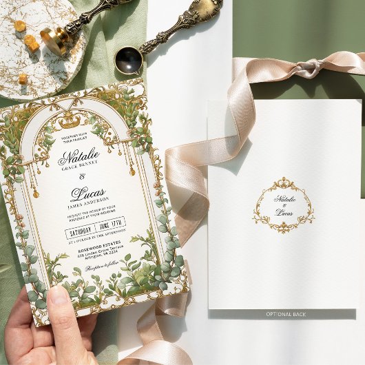 Gouden groen Eucalyptus verguld boog bruiloft Kaart