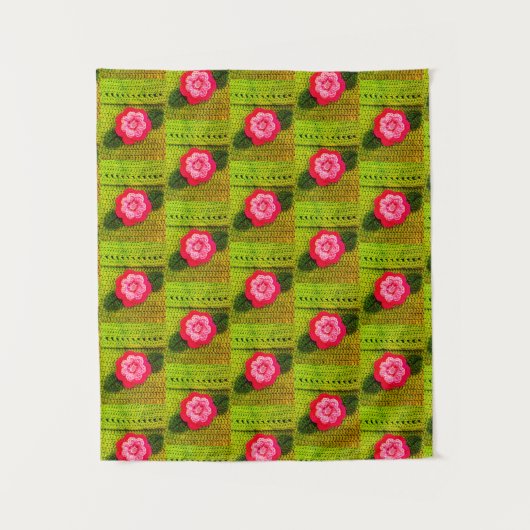 Gouden Groen Heet Roze Bloemen Artisan Haak Print Wandkleed (Voorkant)