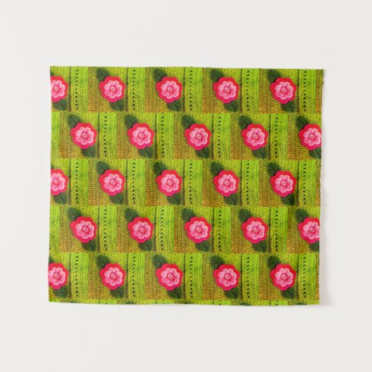 Gouden Groen Heet Roze Bloemen Artisan Haak Print Wandkleed (Voorkant (horizontaal))