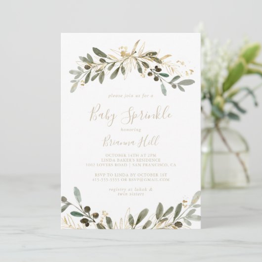 Gouden groen Herfst Baby Sprinkle uitnodiging (Staand voorkant)