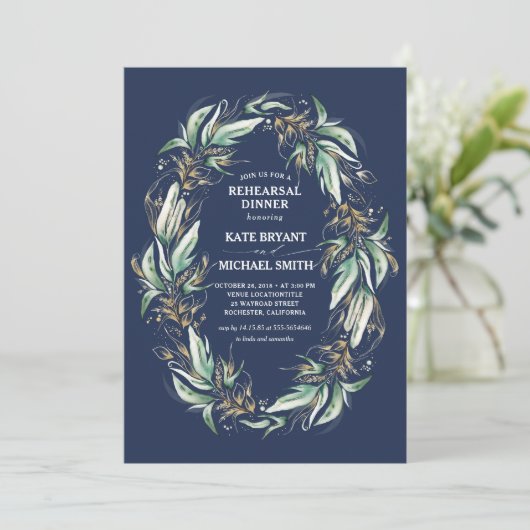 Gouden groen krans Navy blauw repetitie diner Kaart (Staand voorkant)