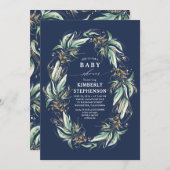 Gouden groen krans Navy Blue Boho Baby shower Kaart (Voorkant / Achterkant)