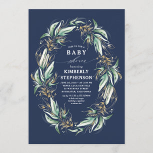 Gouden groen krans Navy Blue Boho Baby shower Kaart