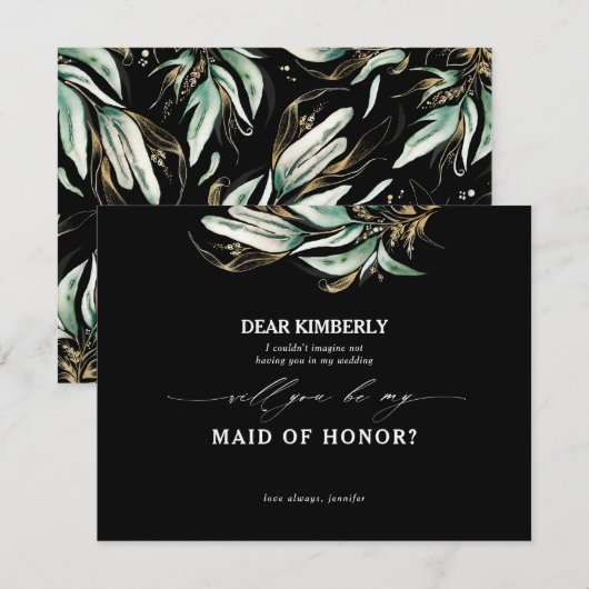 Gouden Groen Maid of Honor / Bruidsmeisje Voorstel Kaart (Voorkant / Achterkant)