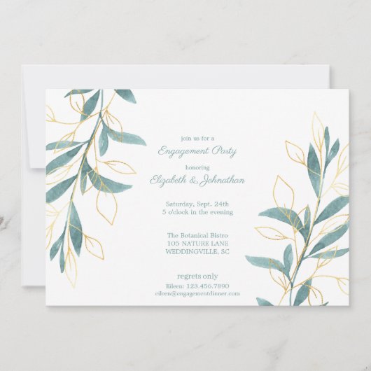 Gouden Groen Waterverf Bloemen Verlovingsfeest Kaart (Voorkant)