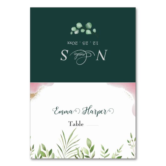 Gouden groene afdrukbare huwelijksplaatskaarten kaart (Voorkant)