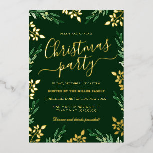 Gouden Groene Blad Kerstfeest Folie Uitnodiging