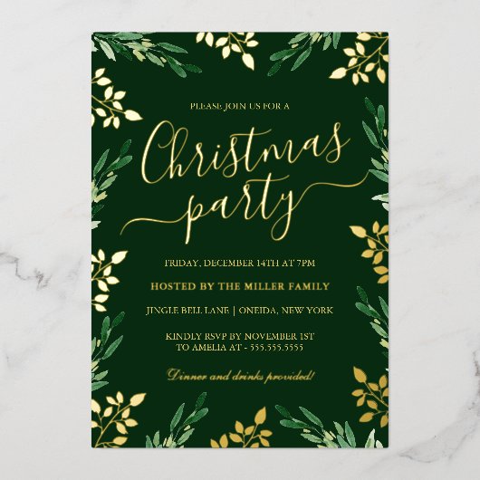 Gouden Groene Blad Kerstfeest Folie Uitnodiging (Voorkant)