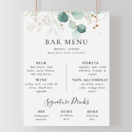 Gouden groene bladeren Bruiloft Bar Menu Poster