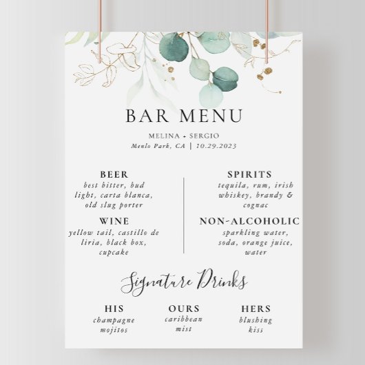 Gouden groene bladeren Bruiloft Bar Menu Poster