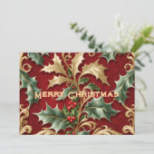 Gouden groene bladeren Rode Kerst Holiday Kaart (Staand voorkant)