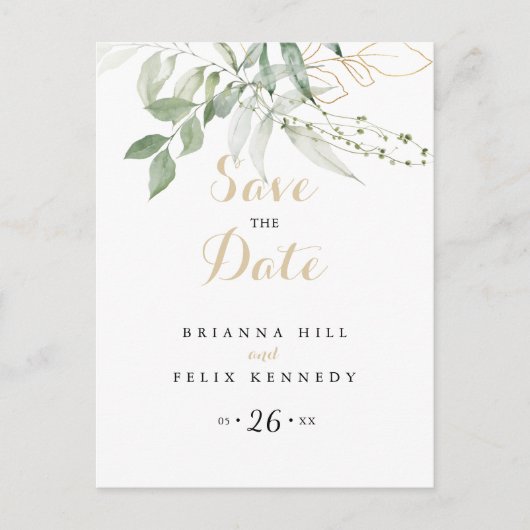 Gouden Groene Bladkalligrafie Sla de datum op Briefkaart (Voorkant)