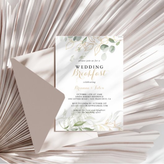 Gouden groene bladwijzer kalligrafie trouwontbijt kaart