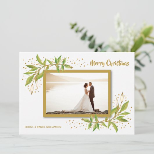 Gouden groene bloemen kerst foto feestdagenkaart (Staand voorkant)