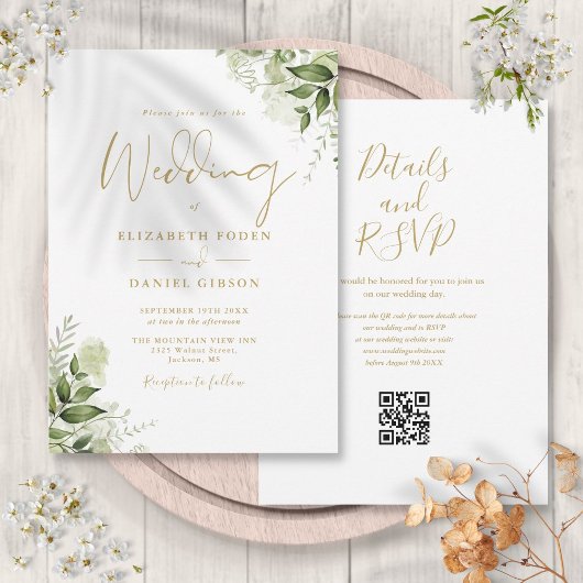 Gouden Groene Bloemen QR Code Script Bruiloft Kaart