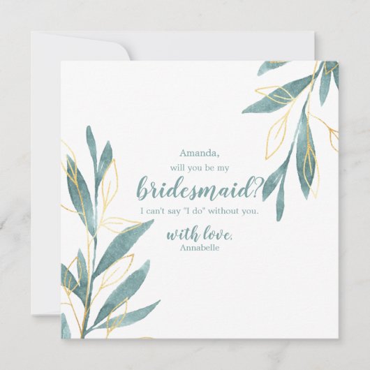 Gouden Groene Bloemen Wil je mijn bruidsmeisje zij Kaart (Voorkant)