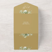 Gouden groene bloemencode QR Monogram bruiloft All In One Uitnodiging (Buitenkant)