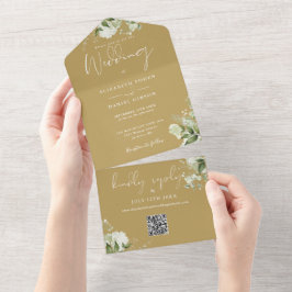 Gouden groene bloemencode QR Monogram bruiloft All In One Uitnodiging